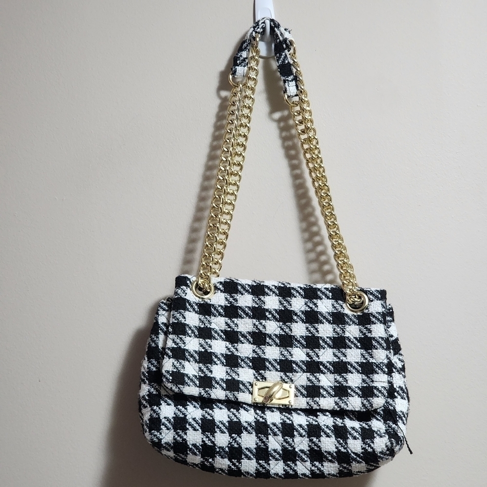 PRIMARK houndstooth tweed pattern shoulder bag with gold tone chain handle